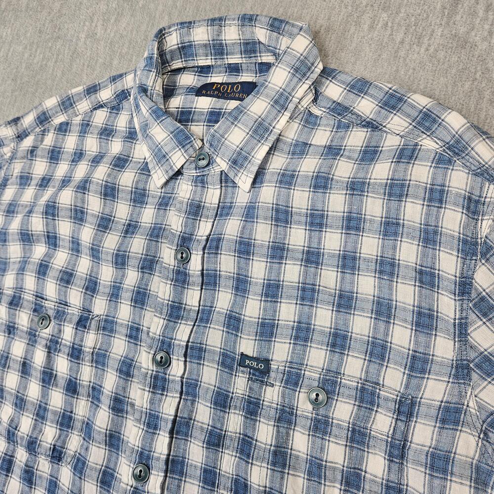 Polo Ralph Lauren Shirt Mens L Blue Plaid Linen Button Up Short Sleeve